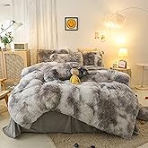 Jameswish Shaggy Plush Duvet Cover Set Super Soft Fluffy Faux Fur Comforter Cover Set Luxury Fuzzy Bedding Set 3 Piece(1Duvet Cover+2Pillowcases) with Zipper Closure(Queen Size,Gray White Ombre)