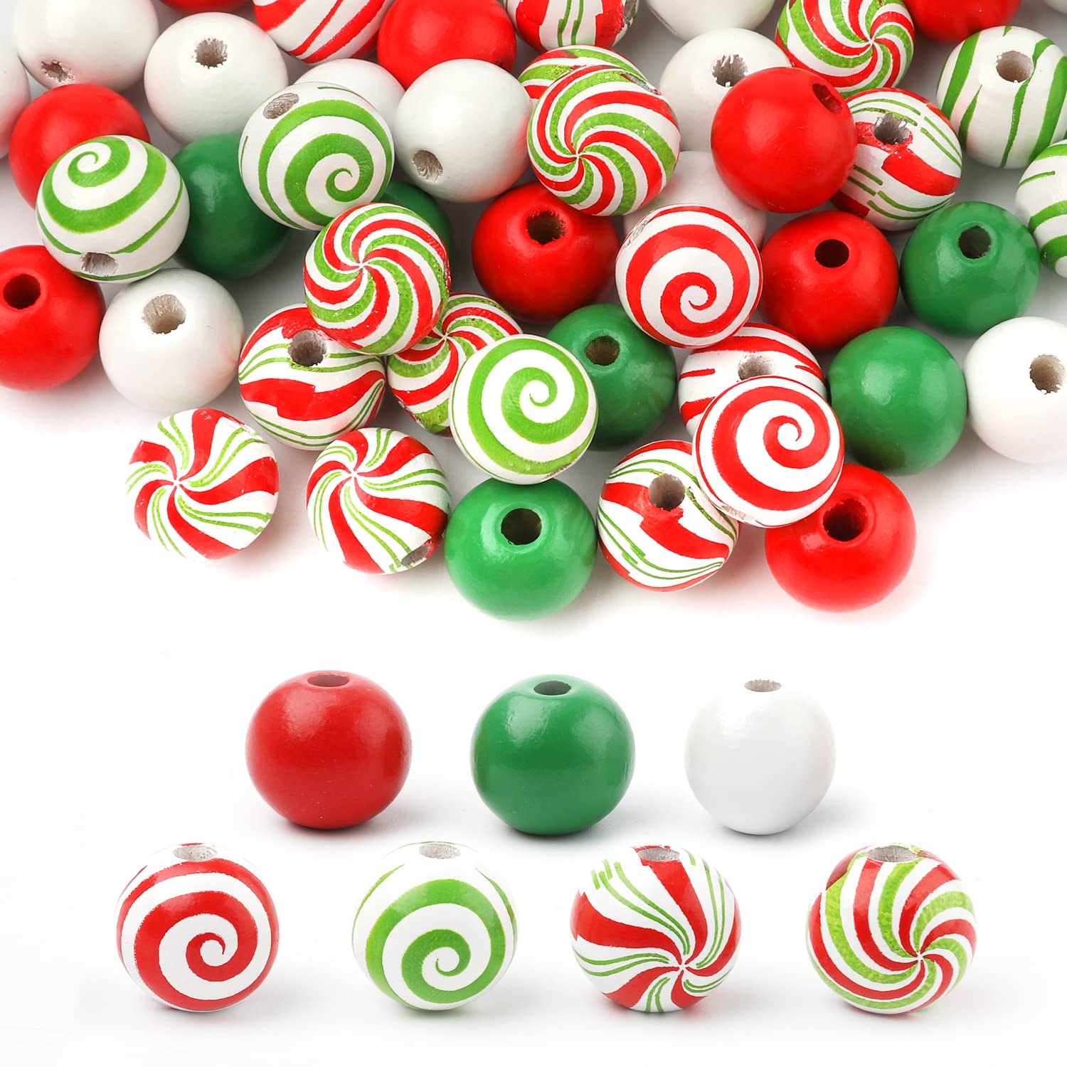 Luter 200pcs Christmas Wood Beads for Crafts, 16mm Santa Beads for DIY Party Supplies Decor, Green