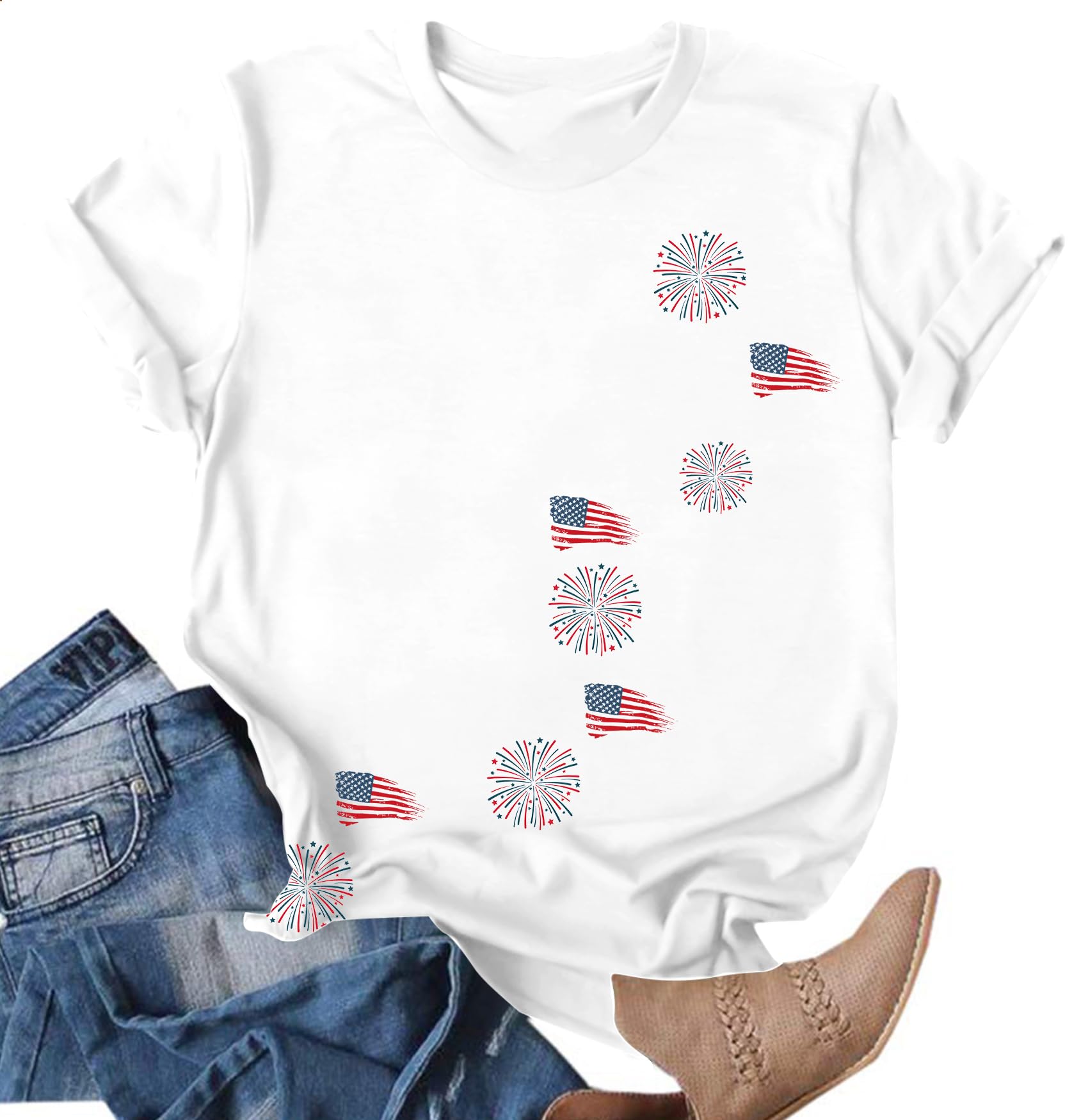 Photo 1 of  Women Graphic AMERICAN FLAG TEE Shirt   (White, Large)