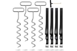 PAYIVSVE Trampoline Stakes Heavy Duty Trampoline Parts with Square Handle, Corkscrew Shape Steel Ground Stakes Anchors Kit with T Hook and 4 Premium Belt for Trampolines(Set of 4)