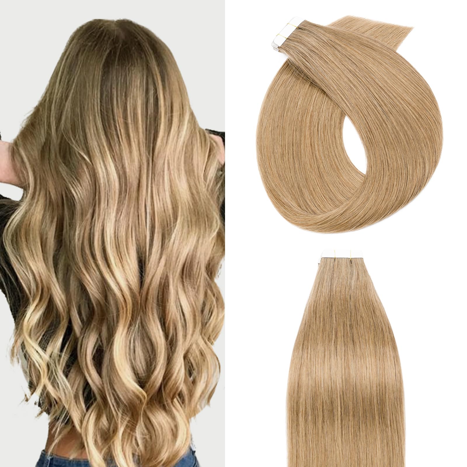 Tape in hair Extension Blonde 16"-50g, 20 pcs/set Real Remy Hair Extensions Skin Weft #27 Dark Blonde Straight Seamless