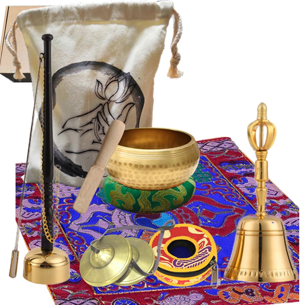 Photo 1 of 8Pcs Tibetan Buddhist Meditation Set,3.1in Singing Bowl,7.5in Brass Bell Dorje Vajra,2.5in Tingsha Cymbals Bells,Singing Scripture Implement Buddhist Supplies,Tibetan Dharma Mat and Zen Bag,HDRELEODY