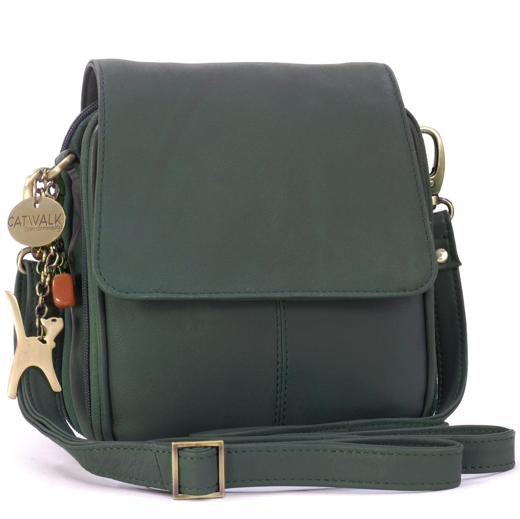 Catwalk Collection Handbags - Women's Leather Cross Body Bag - Small Organiser Messenger Bag - Long Adjustable Shoulder Strap - Teagan - Dark Green