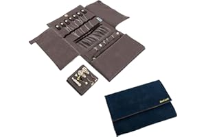 Becko US Jewelry Organizer Roll Travel Jewel Bag case for Multiple Necklaces, Rings, Bracelets, Supple Leather & Suede, Large Capacity Without Crease, Lightweight, Portable & Practical (Dark Blue)