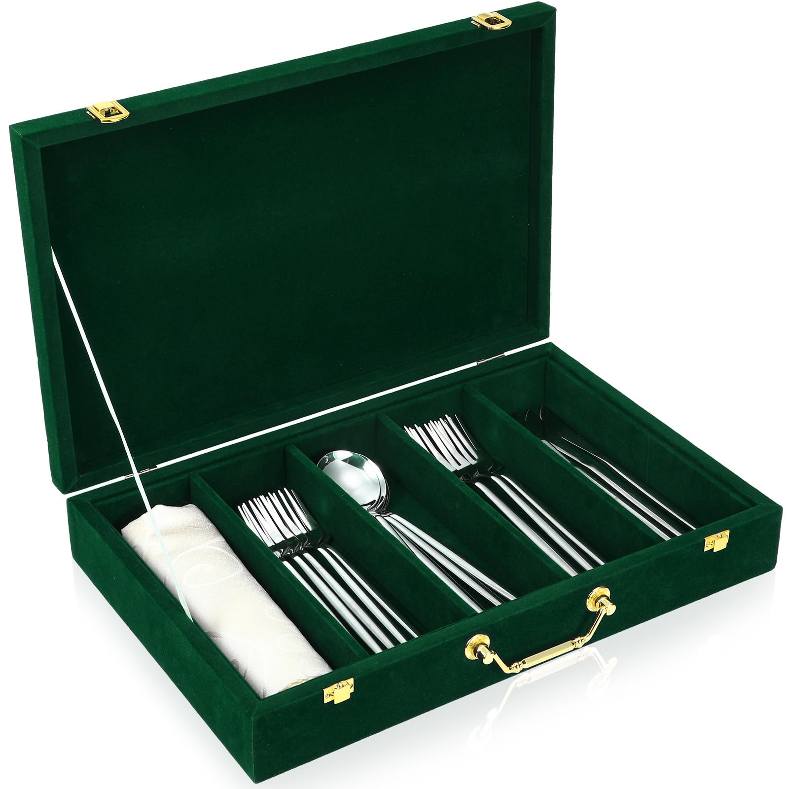 Photo 1 of Pickmesh Silverware Case with Lid and Handle, Silverware Storage Box Sterling Silver Flatware Chest Without Silver Tarnish Proof Utensils Organizer for Kitchen Decor Wedding Gifts(Emerald,1 Layer)