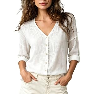 Womens Cotton Gauze Shirts Long Sleeve Button Down Fall Blouses | Lightweight Cotton Blouses, V Neck Long Sleeve Cardigan, Dr