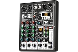 TKLBLS 4 Channel Audio Mixer, Professional DJ Mixer Sound Board Mixing Console with 99-Bit DSP Effect, Bluetooth USB Interface Stereo Mixer Board with 48V Phantom Power For Recording Live Stream
