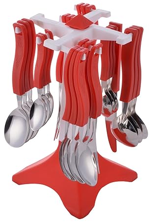 Slings Swastik Stainless Steel Cuttlery Spoon Fork Set, 26-Pieces, (Red)