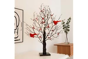 ZEDAMSO Vintage Glowing Tree with Cardinals, Led Cardinal Tree, Led Vintage Glowing Tree with Berries, with Moving Cardinals and Lighted Branches,for Halloween, Christmas