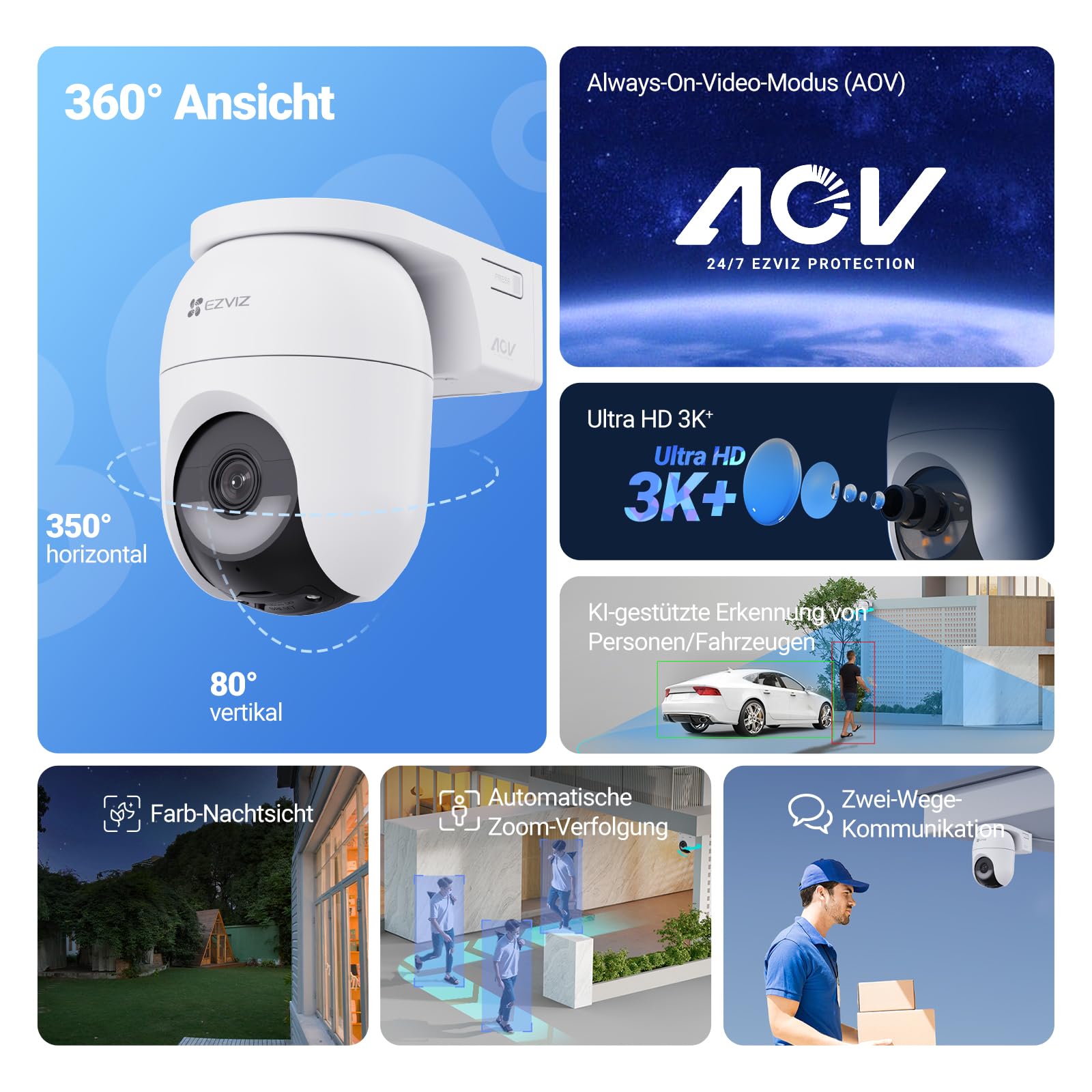 EZVIZ 6MP PTZ Überwachungskamera Aussen Akku, Kabellose WLAN-Außenkamera, 360° Überwachung, Farbnachtsicht, KI Personen- und Fahrzeugerkennung, 2-Wege-Audio, CB8 Lite 6MP + 5W Solarpanel 2