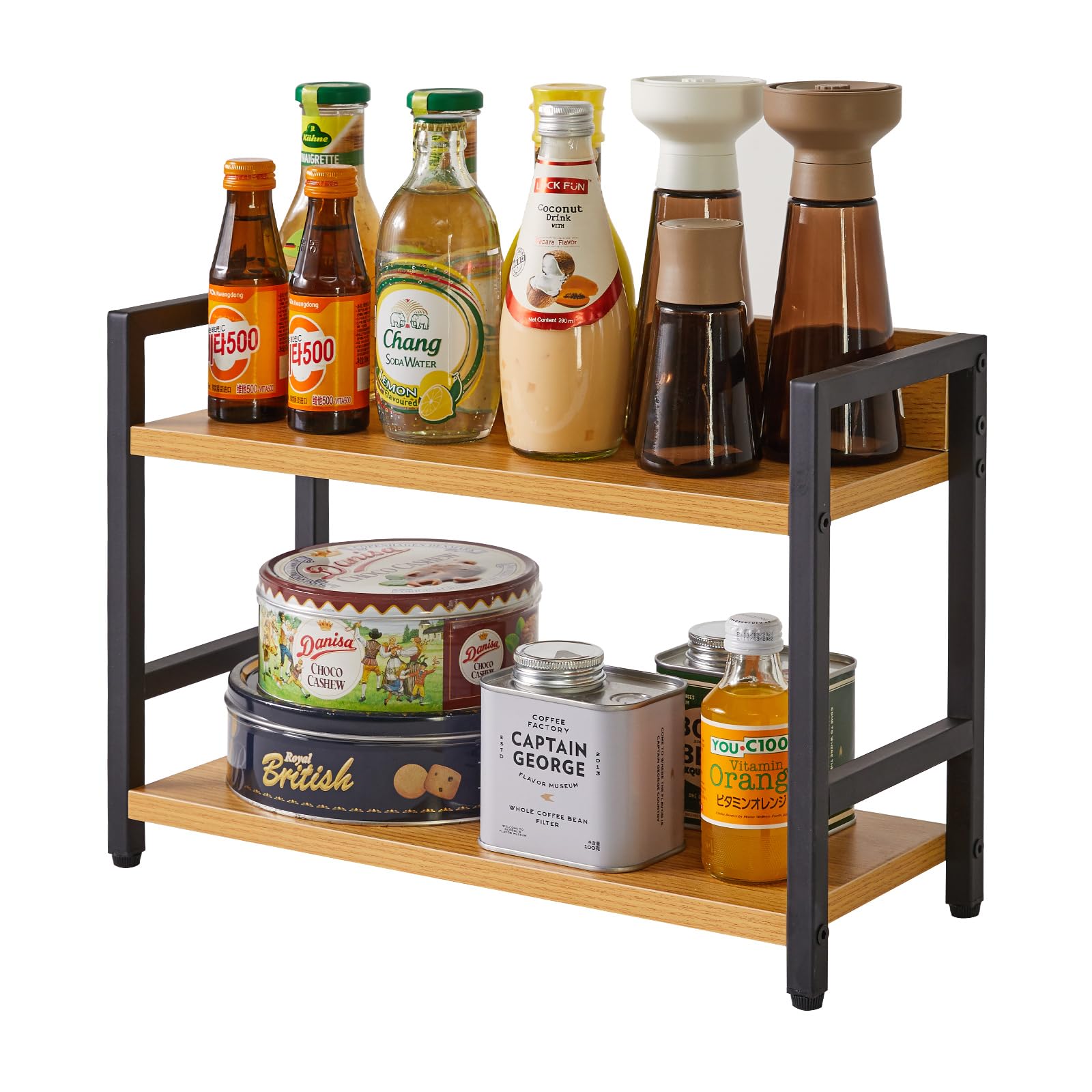 IBUYKE 2-Tier Spice Rack Industrial Counter Shelf Desktop Storage Organizer Standing Seasoning Rack for Countertop Kitchen Office Living Room Desktop Natural TLJ002N