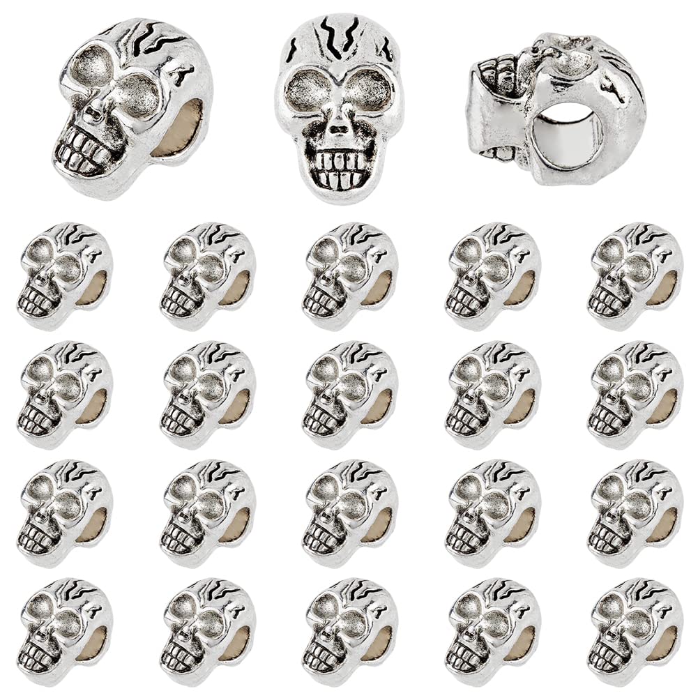 Dicosmetic 50pcs Skull Head Beads - Antique Silver Skeleton Bone Spacer Beads (5mm, Large Hole, Alloy) for Jewelry Making & Halloween Decor
