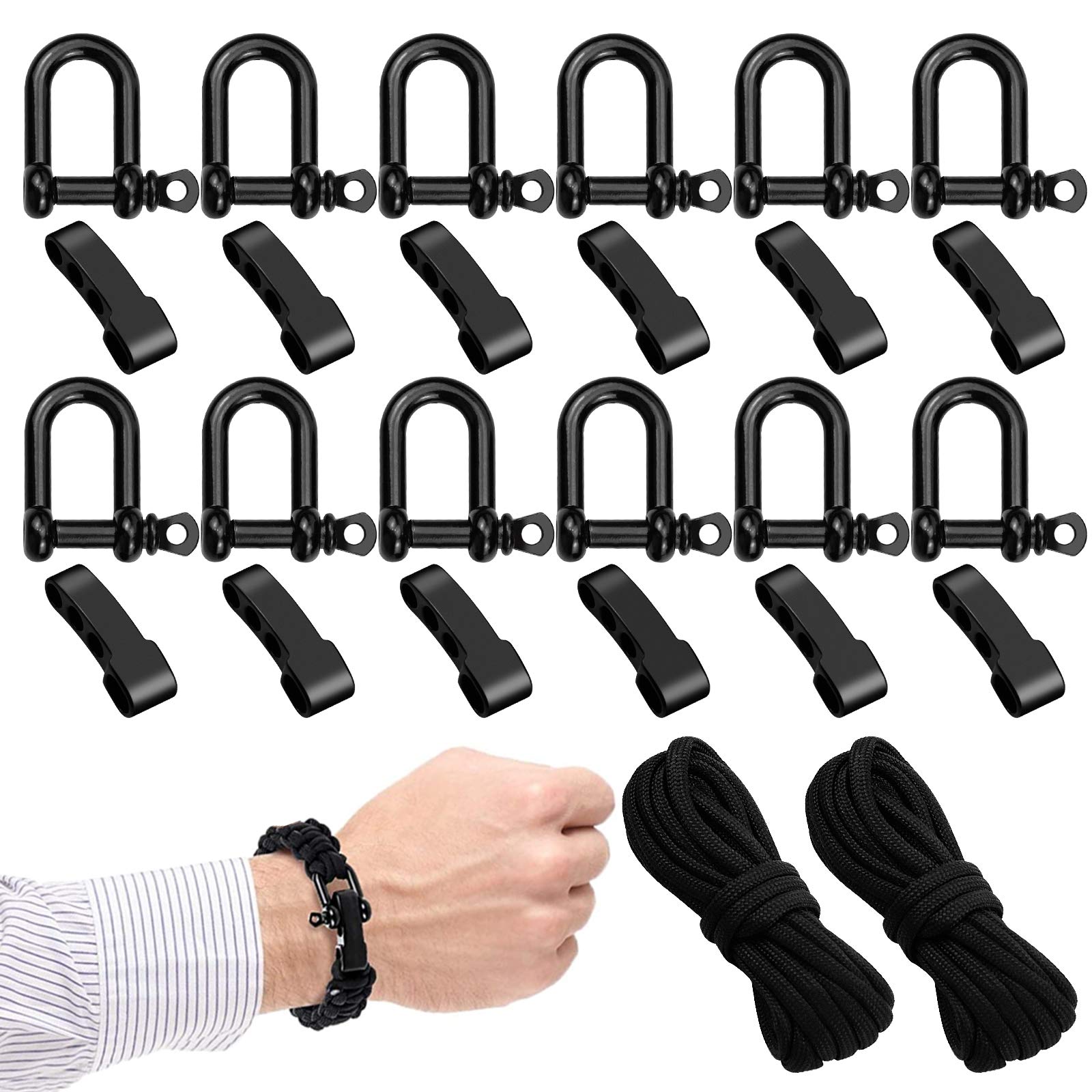 24 Pcs Paracord Buckles U Ring Shackle Locks Adjustable Bracelet Shackle Connector Stainless Steel Bow Shackle with 3m Outdoor Rope for Outdoor Camping, Skydiving