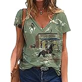 Sasens Women's Western Cactus Horse V-Neck T-Shirts Tops Vintage Pattern T-Shirt Novelty Short Sleeve T-Shirt Top