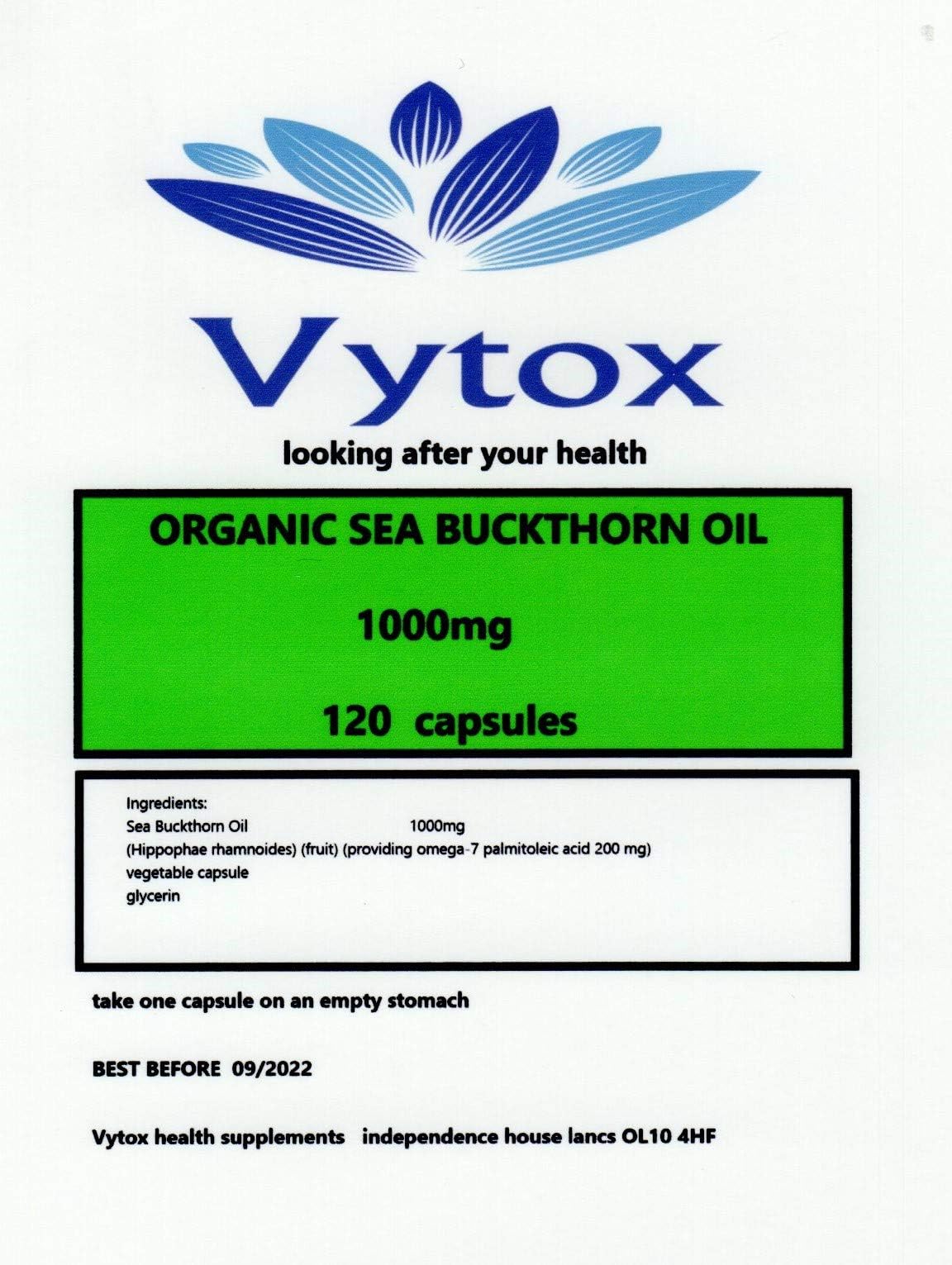 Organic Sea Buckthorn Oil 1000mg 120 Capsules Rich in Omega 7 Hair Skin 4 Months Supply. by Vytox
