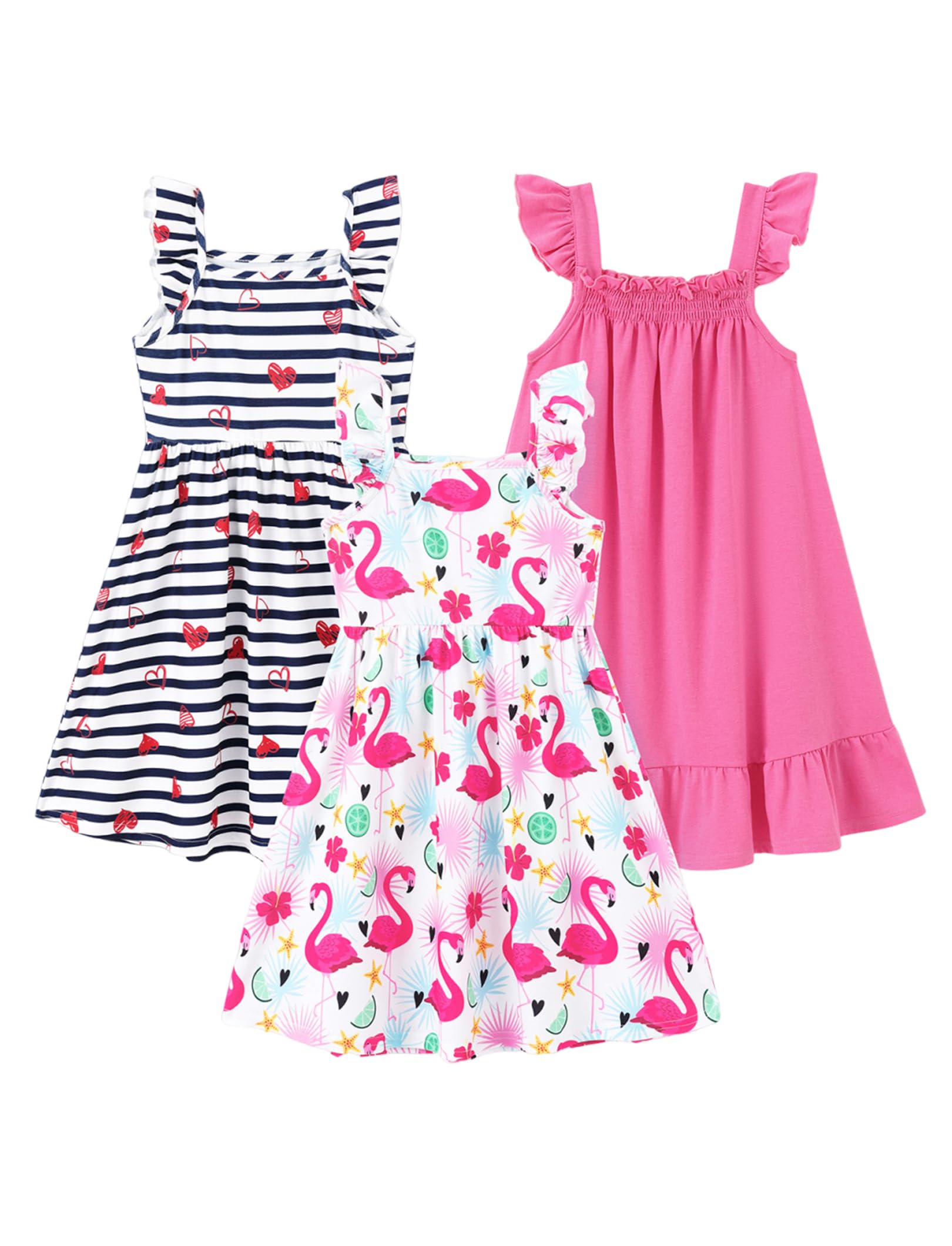 PATPAT 3 Pack Baby Girls Ruffle Sleeve A-Line Dresses – Flamingo Print, Heart Stripe & Solid Pink Summer Multipack Outfits, 18–24 Months Image