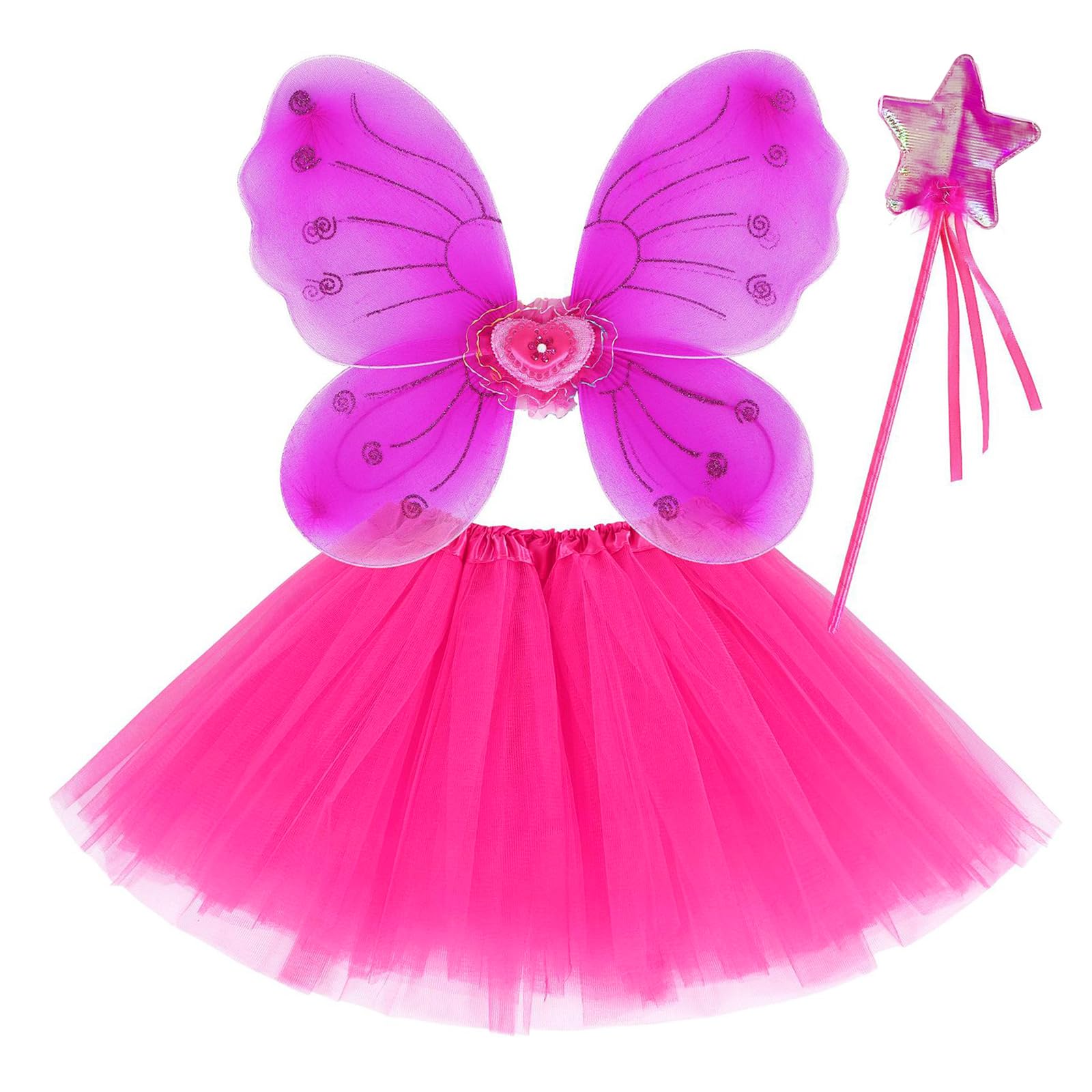 EQLEF Fairy Costume for Girls, Hot Pink Tutu Wings Wand Set Fairy Wings Costume Kids Princess Butterfly Wings Butterfly Fancy Dress — image 1