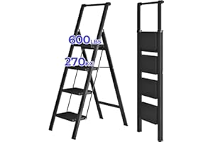 JOISCOPE 4 Step Ladder, Foldable Step Stools for Adults with Wide Anti-Slip Pedal, 600lbs Lightweight Sturdy Steel Ladder,Convenient Handgrip,Portable Folding Ladder for Home Kitchen Office,Black