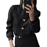 Tankaneo Womens Cropped Tweed Jacket Casual Button Down Long Sleeve Collarless Coats Fall Outerwear