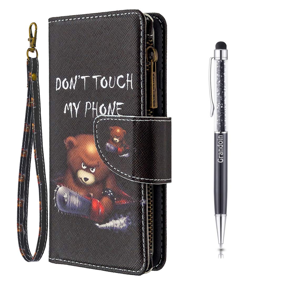 Grandoin Compatible with for Xiaomi Redmi Note 7 Case, PU Colorful Zipper Leather Magnetic Flip Cover with Card Slots Holders [Soft Silicone Inner] Bookstyle Wallet Case (Bear)