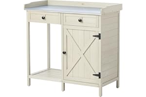 HABAU Outdoor Potting Bench with Storage Cabinet & Metal Tabletop, Garden Work Table, Wood Planting Workstation for Patio, w/Drawer