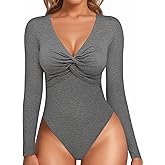 MANGOPOP Bodysuits for Women Deep V Neck Twist Knot Fitted Long Sleeve Bodysuit Basic Tops Casual T Shirts