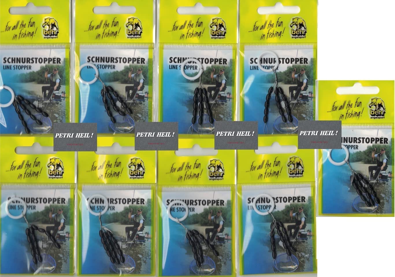 Set: 9 Packs of Behr (135 Pieces) Float Stopper Fishing Line Stopper Rubber Stopper Size Mini Small M by Behr + Free Petri Heil! Sticker (M for line thickness 0.26-0.37mm)