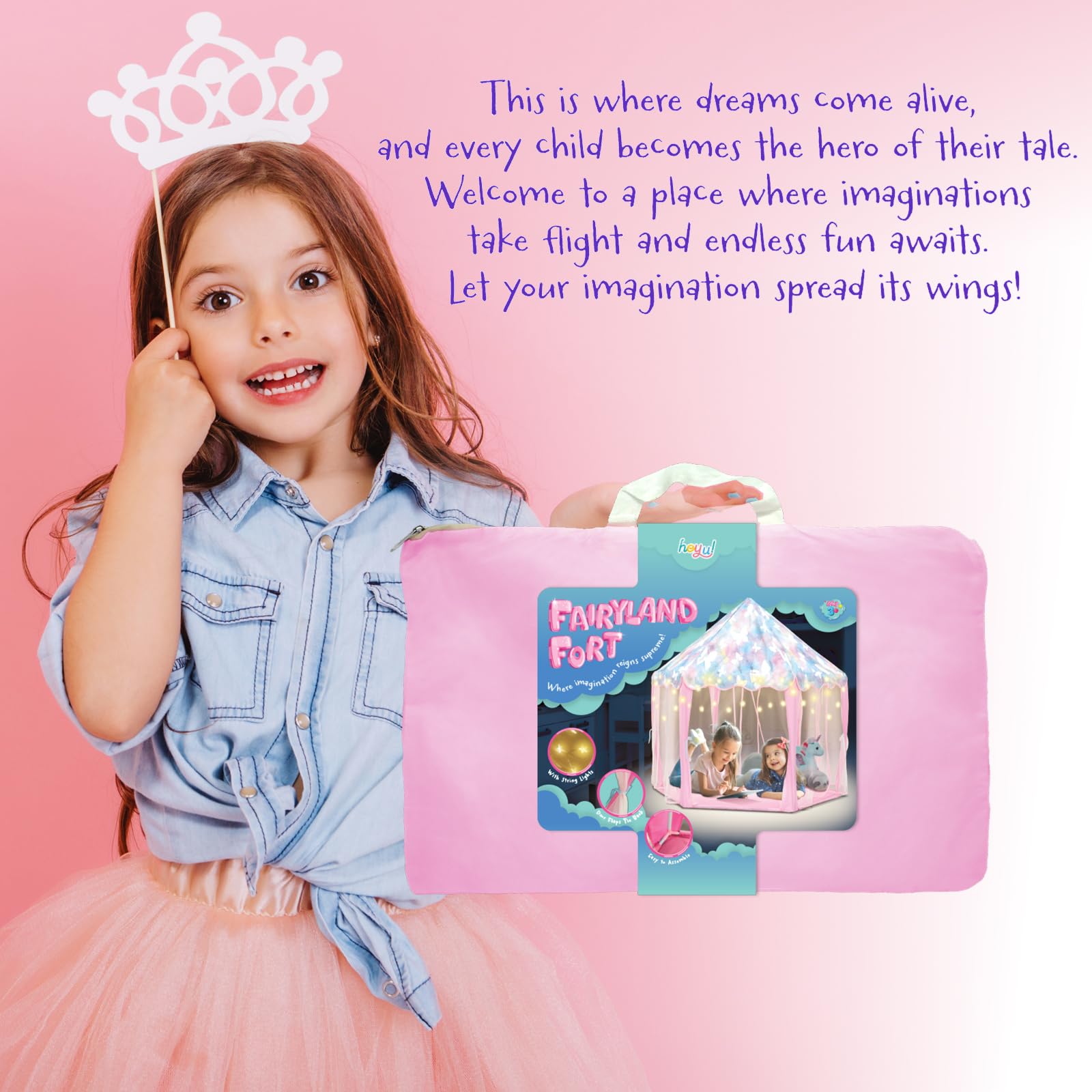 Heyu! Fairyland Fort Playhouse Play Tent with Star Lights Indoor and Outdoor Toys, Kids Butterfly Princess Castle for Children Gifts