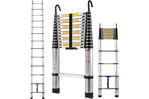 TOPDEEP Aluminum Telescoping Ladder, 12.5Ft Foldable Extension Ladder with 2 Detachable Hooks, Retractable Collapsible Ladders for Household and RV Outdoor Work 330 lbs Capacity Silver