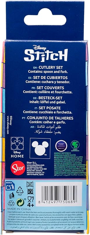 Set 2 Couverts Enfant Stitch Acier Inoxydable Fourchette et Cuillère avec Manche Décoré pour Enfants