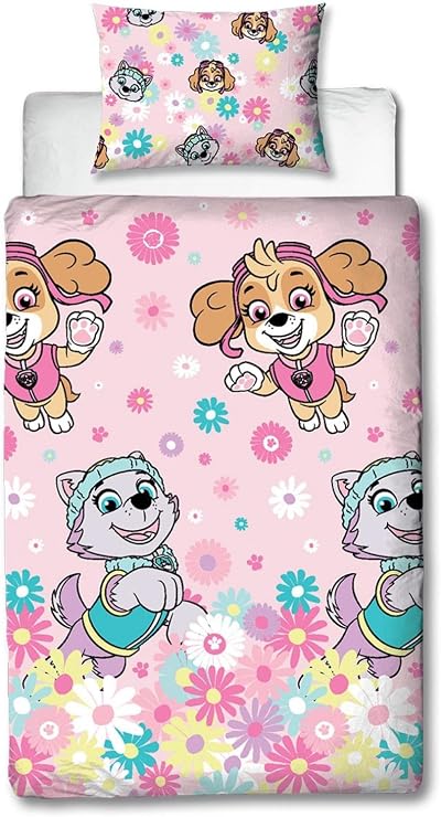 Character World Paw Patrol Duvet Cover Set Single Pink Flowers Reversible
