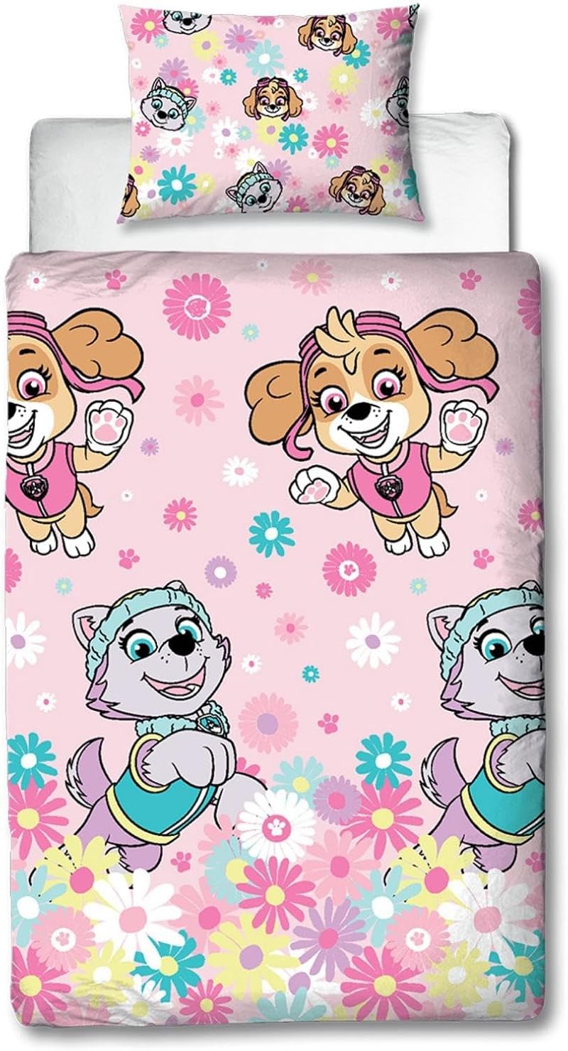 Character World Paw Patrol Duvet Cover Set Single Pink Flowers Reversible