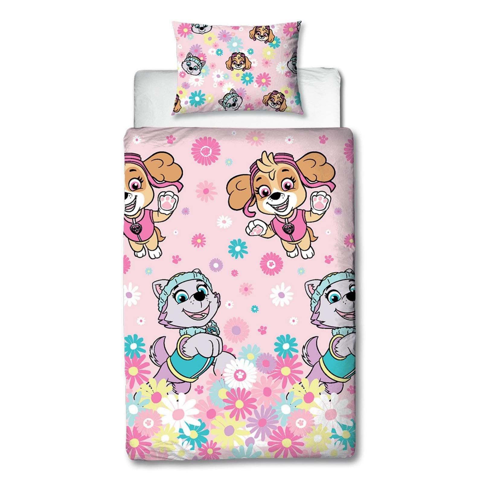 PAW PATROL Official Single Childs Duvet Cover Set | Flowers Design Reversible 2 Sided Bedding Including Matching Pillow Case | Single Bed Set