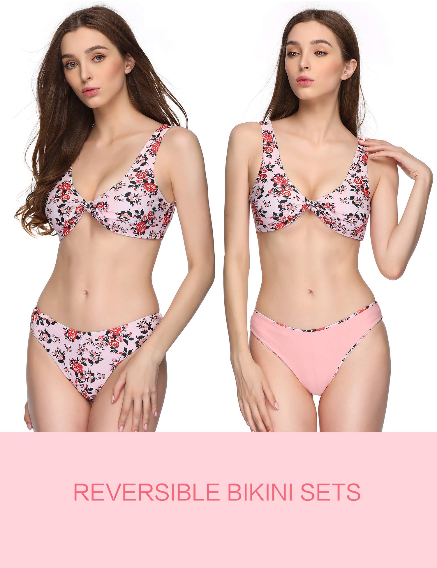 Verano Playa Women\'s Sexy Swimsuit Racerback Bikini Top Bow Tie Front Low Waist Bottom Floral Printed Two Pieces Bathing Suit