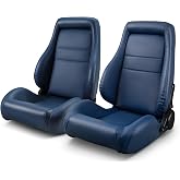 ModifyStreet OBS Styles Universal 1 Pair Classic Plain Blue PVC Leather Racing Seats, Reclinable Seats with Sliders, 2PCS Set for Driver and Passenger Side