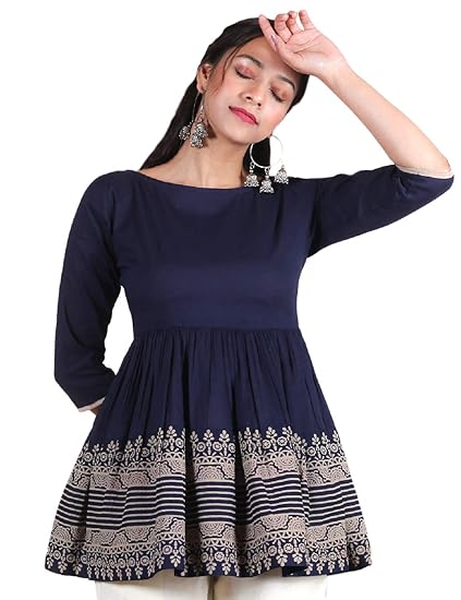 Women's Kurta 100% Liva Viscose Indigo Traditional Gather Top with Border Detail