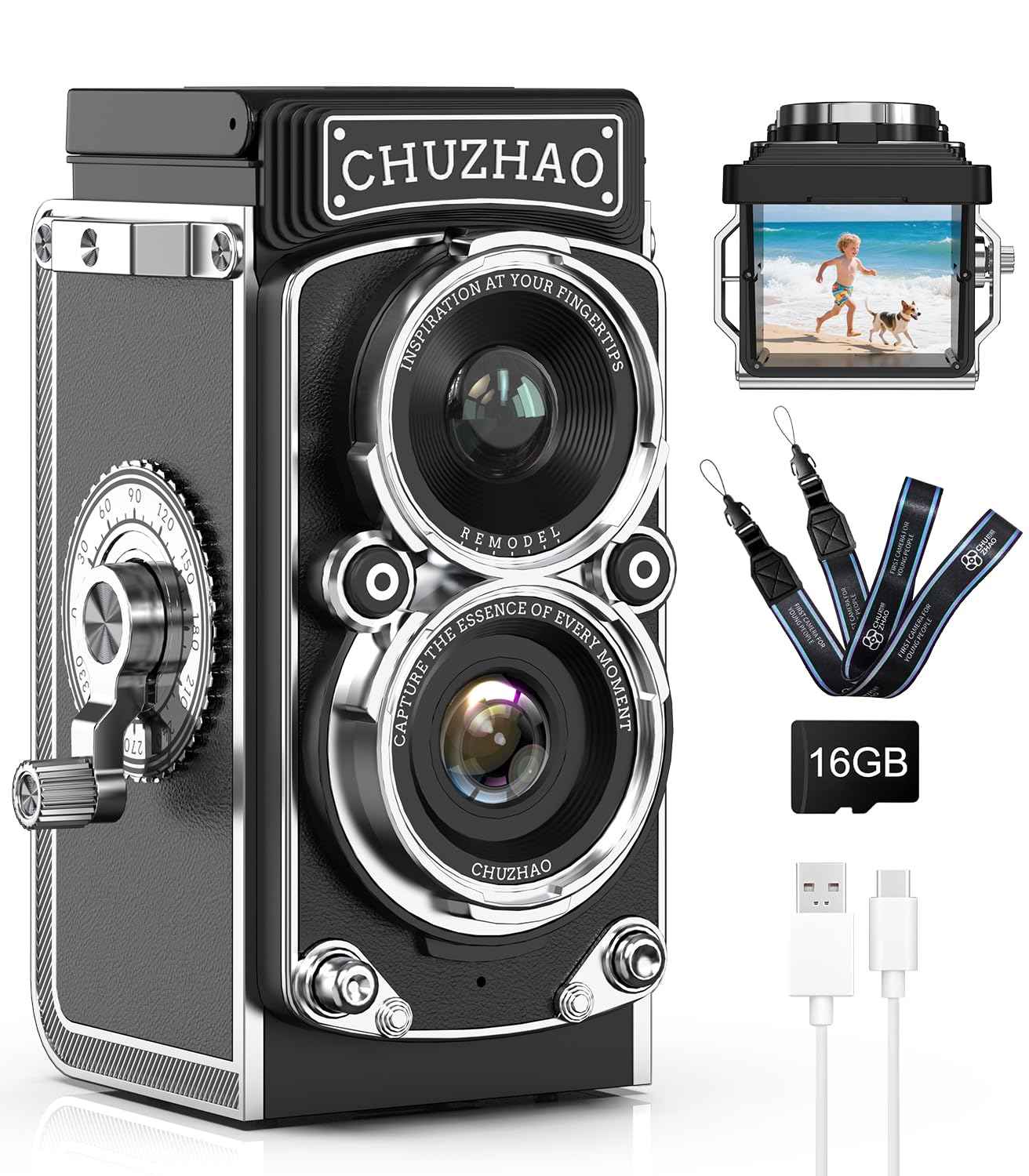 Photo 1 of TURN RAISE CHUZHAO Mini Retro Digital Camera, TLR Style Point and Shoot Compact Cam, Small Pocket 1080P FHD Video Recording Camera, 12MP Autofocus Vlogging Camera with 16 GB Card for Boys Girls Black