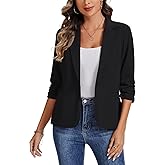 MINTLIMIT Women's Ruched 3/4 Sleeve Blazer Casual Notch Lapel Work Blazers Single Button Jackets Pockets