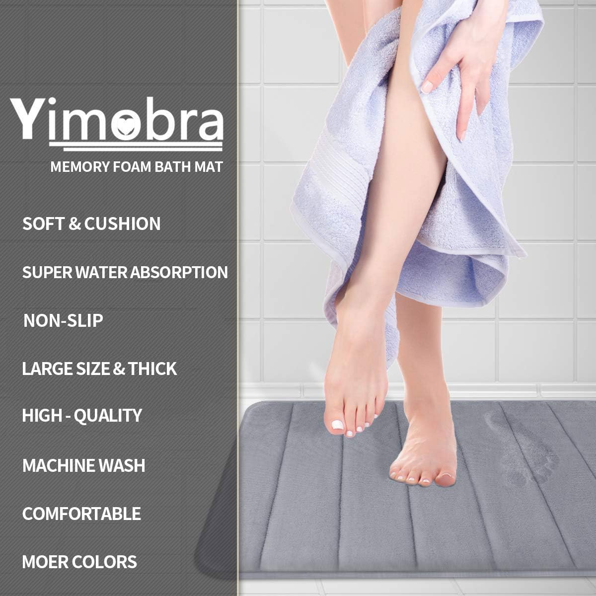 Yimobra Memory Foam Bath Mat Large Size 31.5 by 19.8 Inches, Soft and Comfortable, Super Water Absorption, Non-Slip, Thick, Machine Wash, Easier to Dry for Bathroom Floor Rug, Gray: Home & Kitchen