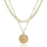 Valloey Rover Gold Layered Coin Necklace for Women Birth Flower Necklace 14K Gold Plated Dainty Carved Floral Pendant Necklace Personalized Engrave Double Layered Month Necklace for Birthday Jewelry