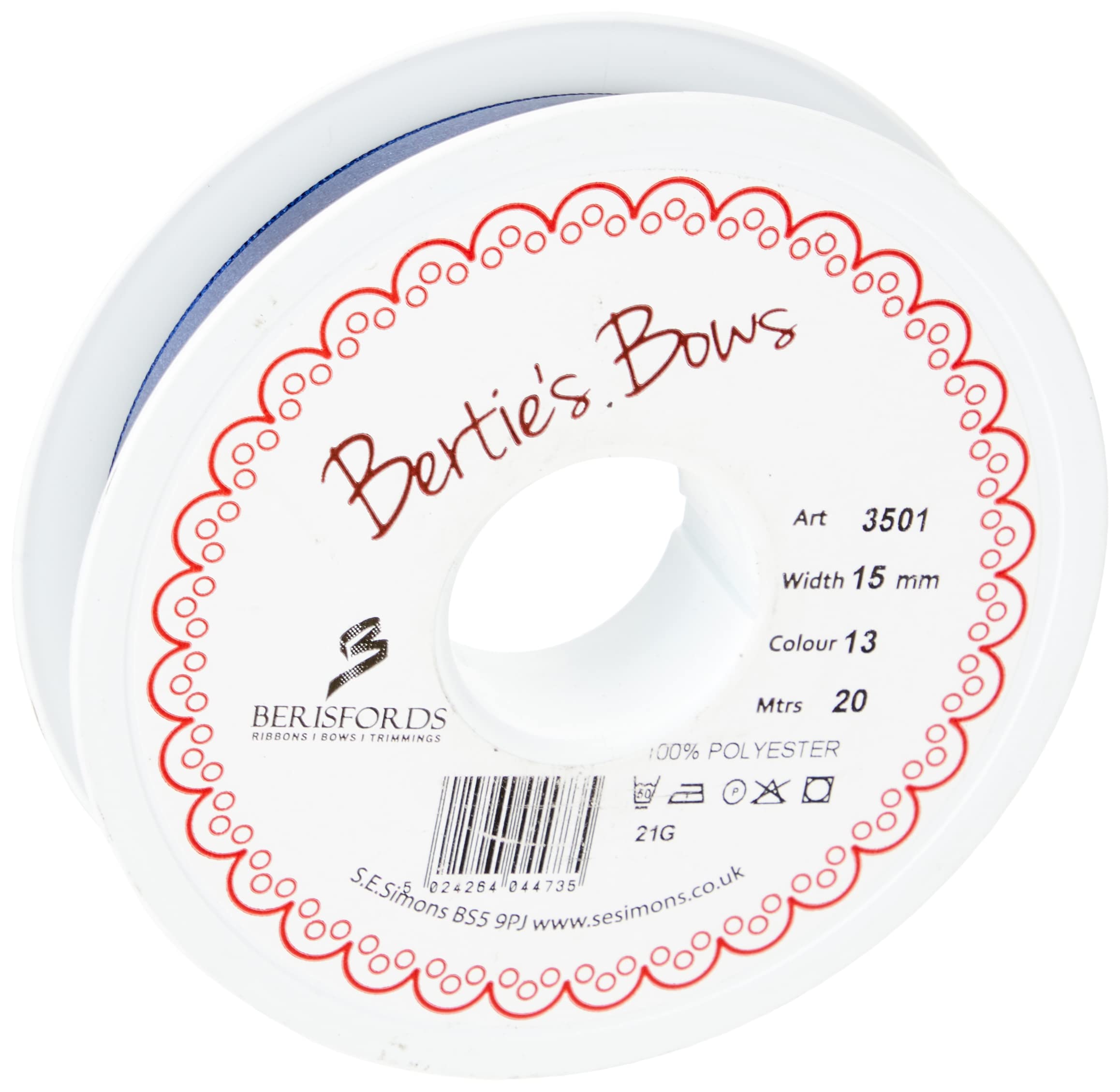 Berisfords Double Satin Ribbon, Navy, 20 m