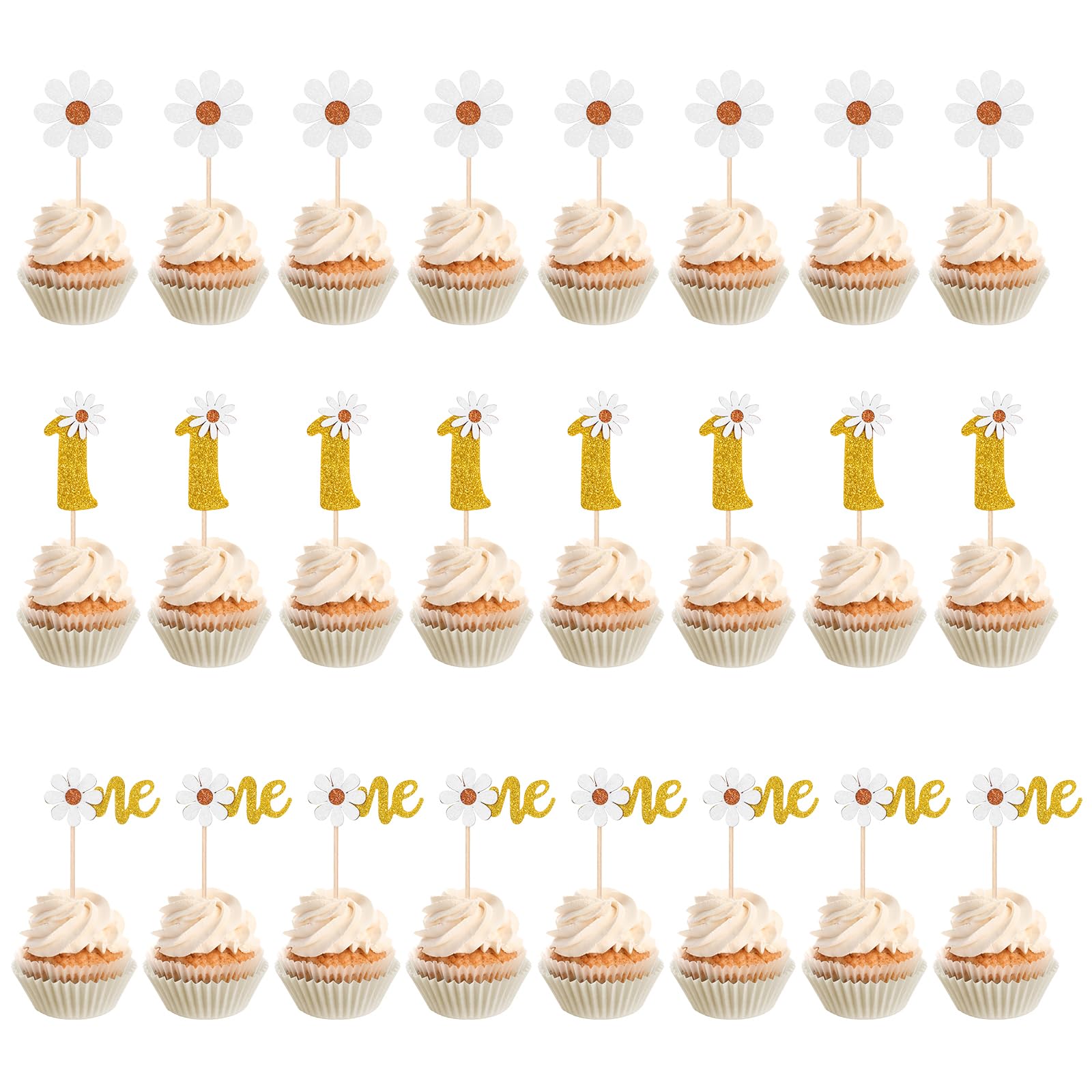 Photo 1 of 24 PCS Flower Cupcake Toppers, Gold Daisy Cake Toppers for 1st Birthday, Daisy First Birthday Decorations, Floral Cupcake Food Picks for Baby Shower Birthday Party Decorations