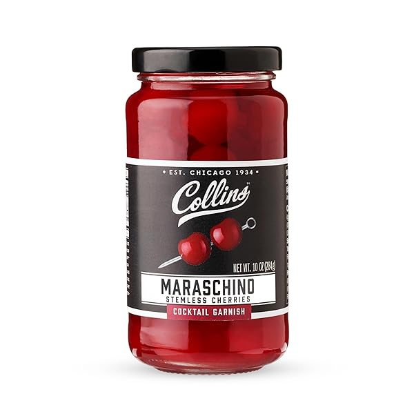 COLLINS STEMLESS MARASCHINO CHERRIES, GARNISH FOR COCKTAILS, DESSERTS, MANHATTANS, AND OLD FASHIONED, GOURMET SNACKING CHERRIES FOR HOME AND BAR, 10OZ