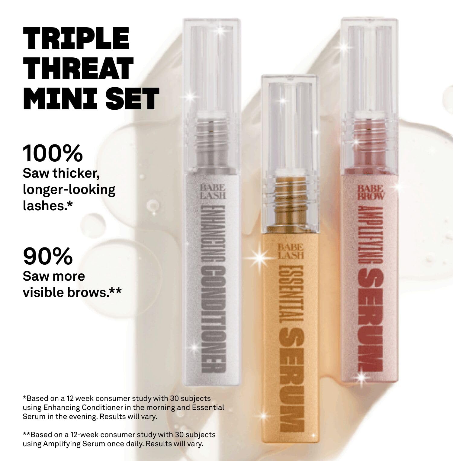 Babe Original Triple Threat Mini Set, Includes Babe Lash Essential Serum & Enhancing Conditioner + Babe Brow Amplifying Serum, 1 mL, 3 Pack
