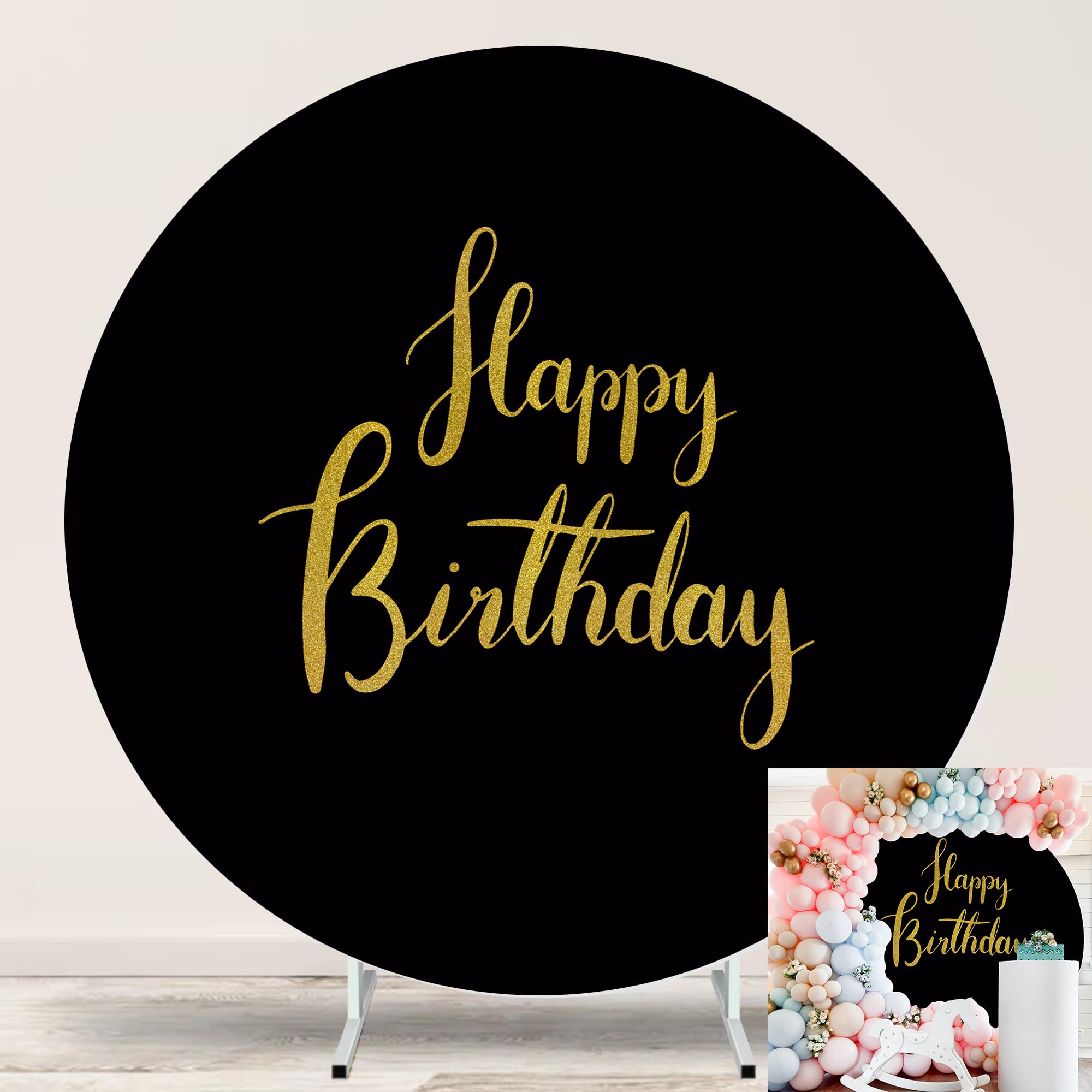 Photo 1 of Jditngp Gold Happy Birthday Black Round Backdrop Cover 7.2ft,Black Background with Gold Happy Birthday Sign for Photography Party Banner Decoration Supplies Circle Backdrop Adult Kids Photo Portrait