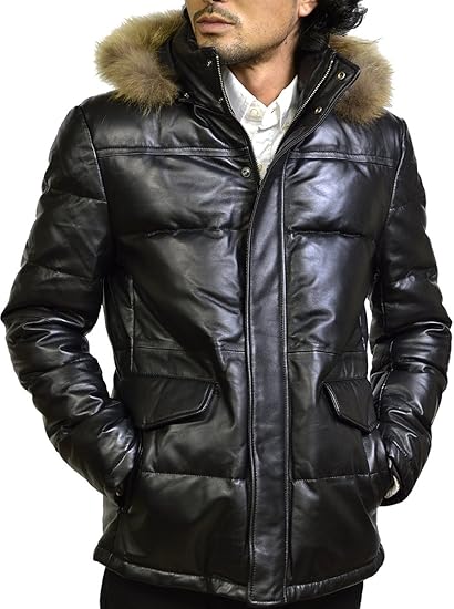 Amazon ハルフ Haruf 本革 ダウンジャケット メンズ レザーダウンコート レザーコート レザージャケット 革ジャン 皮ジャン ラムレザー 革ジャケット フード メンズアウター D4bk コート ジャケット 通販