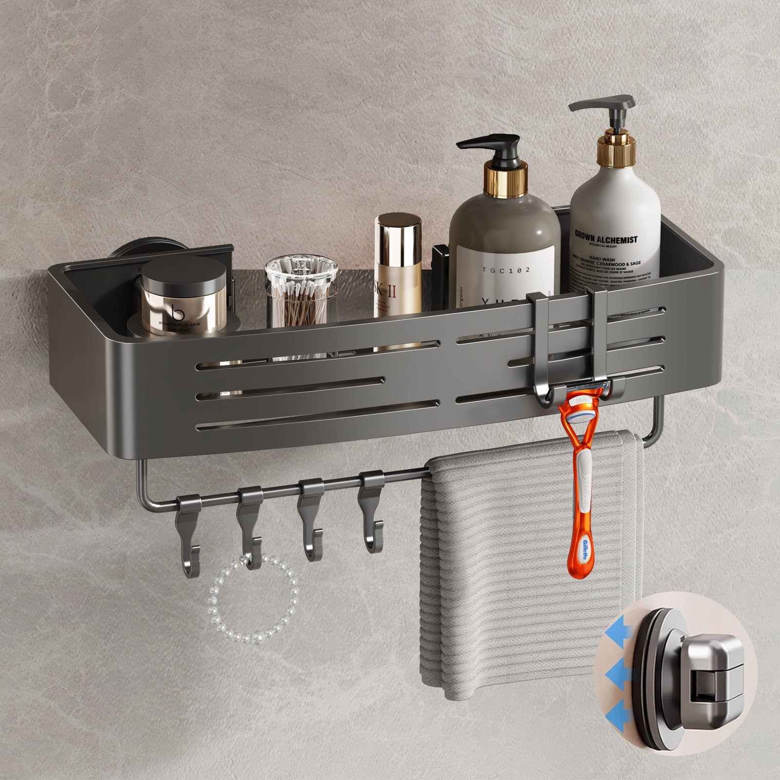 Photo 1 of *Minor Damaged*
Voldra Shower Caddy Suction Cup, 1 Pack Shower Shelves for Inside Shower No Drilling, Aluminum Suction Showers Organizer with Towel Bar & Hooks Removable Bathroom Shelf Storage Rack(Gray)