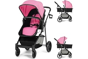 HONEY JOY Baby Stroller, High Landscape Convertible Infant Bassinet Stroller, Adjustable Canopy & Backrest, Storage Basket, Cup Holder, Foldable Newborn Carriage Pram Stroller (Pink)
