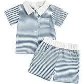 fhutpw Baby Toddler Boy Clothes Striped Button Down Shirt Tops + Elastic Waist Shorts Infant Boys Summer Outfits 2PCS Sets