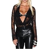 MakeMeChic Women's Floral Lace Cowl Neck Blouse Long Sleeve Draped Sheer Shirt Fall Clothes